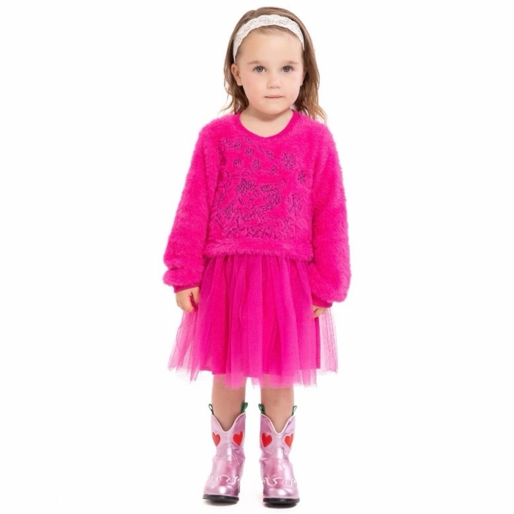 Strawberry Shortcake Toddler Girls Pink Tutu Tulle Fuzzy Long Sleeve Dress - 2T
